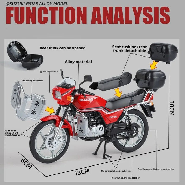 1:12 Alloy Suzuki Motorcycle Model – Collectible Diecast Bike with Front Wheel Suspension & Lights - AKT - 1901 - 490A - Planet Junior