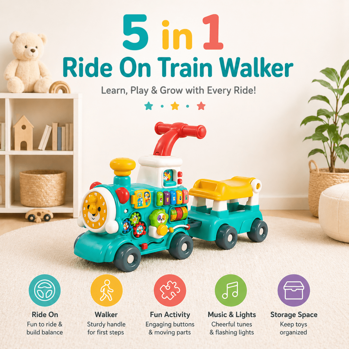 5-in-1 Musical Activity Ride On Train Walker – Light & Spray Feature ...