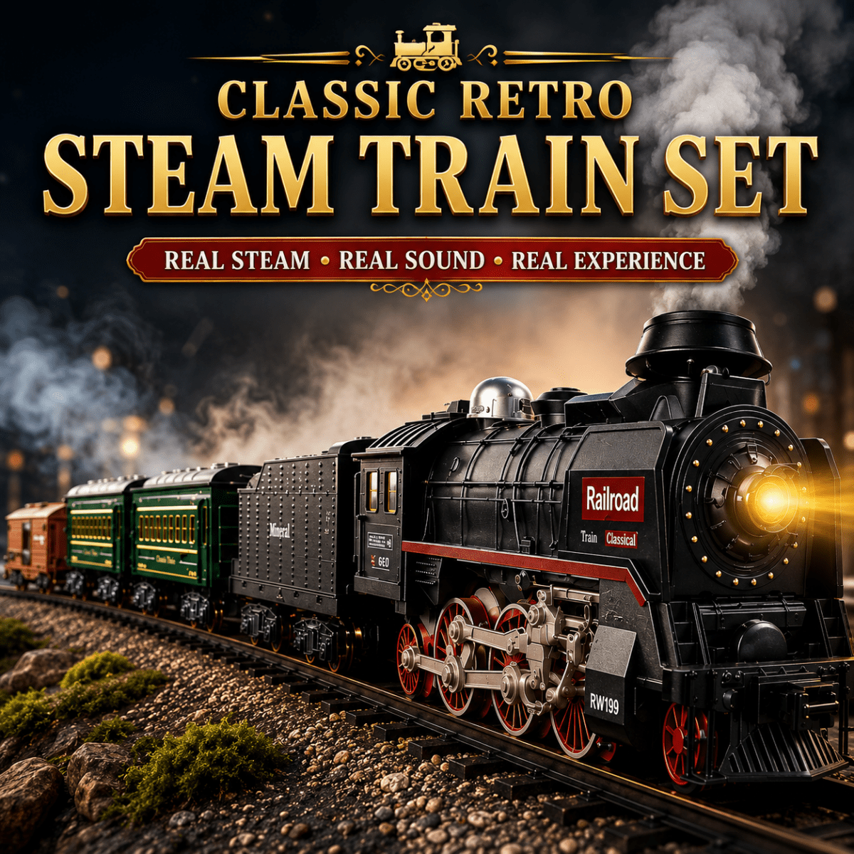 Classical Railroad R/C Steam Train Set with Real Steam, Lights & Sounds ...