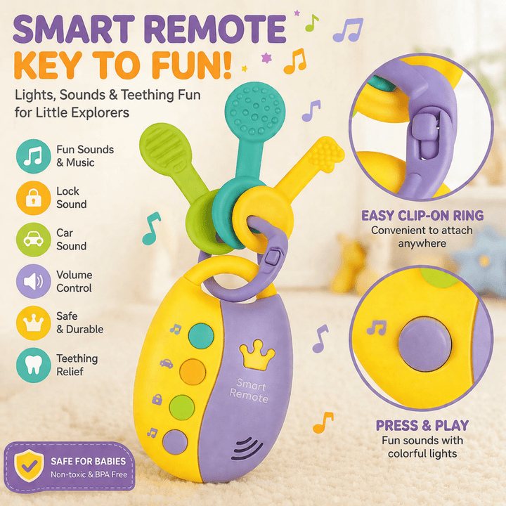 Baby Teething Keys Smart Remote – Lights, Music & Clip-On Activity ...