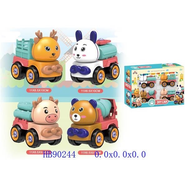 Build and Play 4 - Pack Cute Animal Car Set - BLL - DK - 030B - Planet Junior