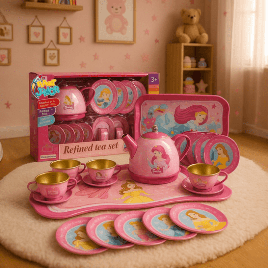 Kids Pretend Play Tea Set – Metal Tin Teapot, Cups & Tray for Fun Tea Parties - KT - D50 - Planet Junior
