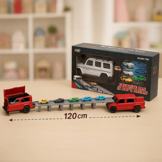 One - Click Transformer Racing Truck with 6 Cars & Track - AKT - 663 - Planet Junior