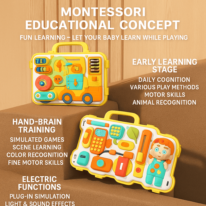 Puzzle Busy Board for Toddlers – 18 - in - 1 Montessori Activity Suitcase - RT-YL625 - Planet Junior