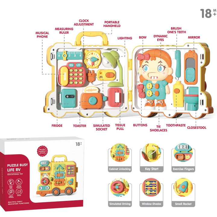 Puzzle Busy Board for Toddlers – 18 - in - 1 Montessori Activity Suitcase - RT-YL625 - Planet Junior