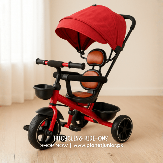 Red Kids Tricycle with Umbrella Shade, Parent Handle & Rear Bucket - BLL - T - 5543 - R - Planet Junior