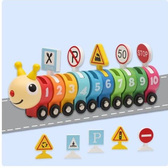 Wooden Caterpillar Train with Numbers & Traffic Sign - BLL - WET - 2302 - Planet Junior